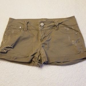 Distressed taupe denim shorts